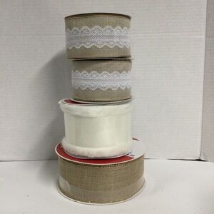 Celebrate it Set of 4 Wired Ribbon 1 Faux Fur 2 Burlap Lace 1 Burlap Gold Trim